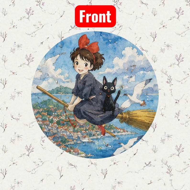 Sottobicchiere con retro in sughero ispirato allo Studio Ghibli | Sottobicchiere con illustrazioni di Totoro e La città incantata | Set B Kiki on Broomstick with Black Cat / 4" x 4"