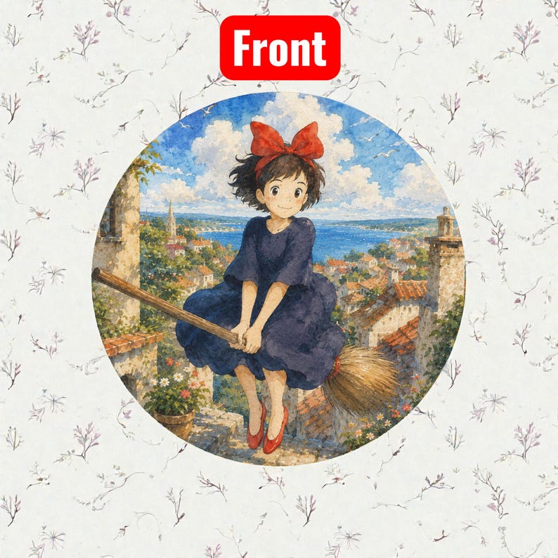 Studio Ghibli Inspired Cork-Back Coaster | Totoro & Spirited Away Art Drink Coaster | Set A Girl on Broomstick / 4" x 4"
