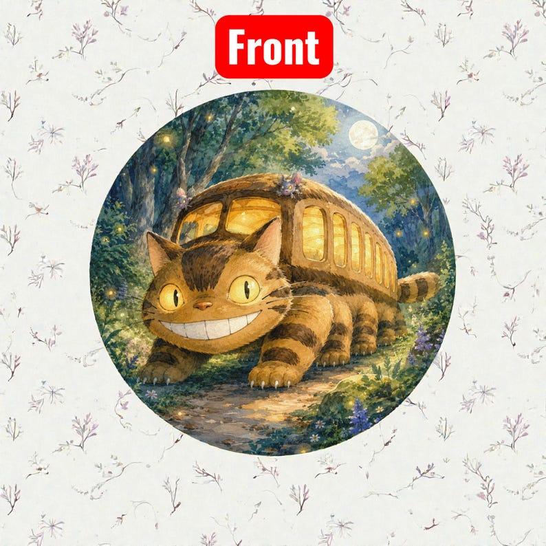 Pu&ograve; includere: Grafica rotonda con un gatto sorridente in stile cartone animato con un corpo simile a un autobus, ambientata in una scena di foresta con la luna piena. Il gatto &egrave; marrone e beige con un ampio sorriso. La parola "Front" &egrave; in un rettangolo rosso in alto.