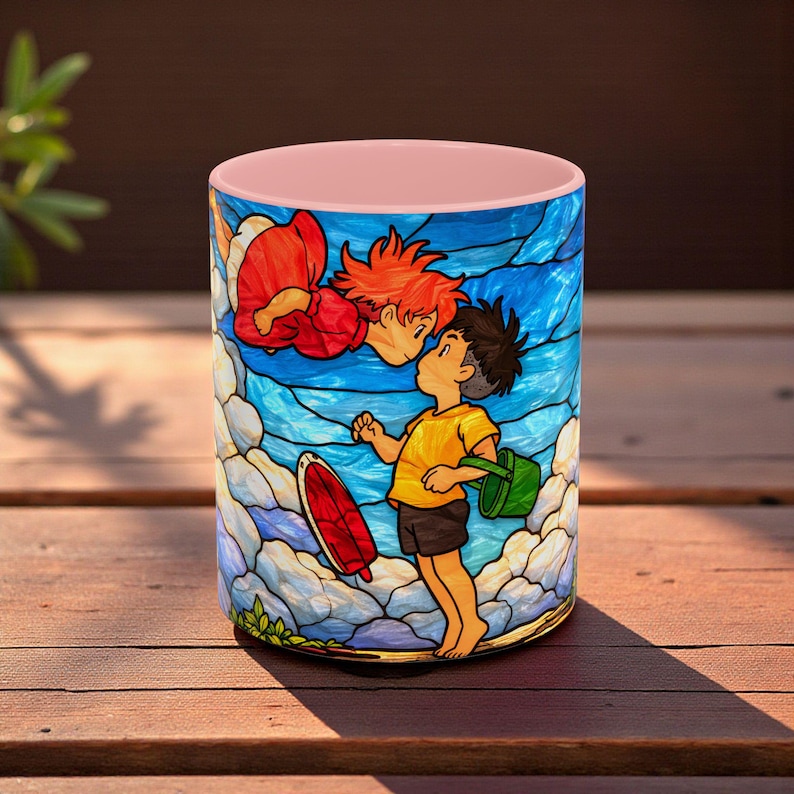 Anime Mug Stained Glass Style, Ghibli Inspired Coffee Mug, Ponyo Aesthetic Anime Cup, Cute Japanese Anime Mug, Anime Lover Gift Pink