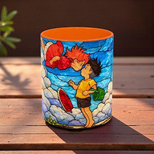 Anime Mug Stained Glass Style, Ghibli Inspired Coffee Mug, Ponyo Aesthetic Anime Cup, Cute Japanese Anime Mug, Anime Lover Gift Orange