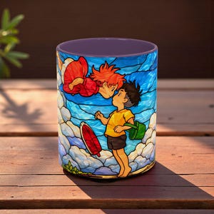 Anime Mug Stained Glass Style, Ghibli Inspired Coffee Mug, Ponyo Aesthetic Anime Cup, Cute Japanese Anime Mug, Anime Lover Gift Purple