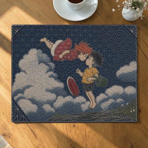 Kiki and Tombo Sashiko Style Placemat | Studio Ghibli Inspired, Anime Inspired Table Mat, Cottagecore Placemat