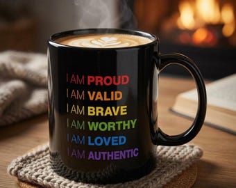 Pride Affirmation Mug, LGBTQ Coffee Cup, I Am Proud Valid Brave Worthy Loved Authentic, Rainbow Pride Gift, Gay Pride Mug