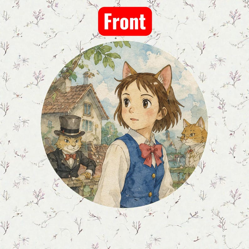 Pu&ograve; includere: Illustrazione rotonda con una ragazza con orecchie da gatto, che indossa un gilet blu e un fiocco rosso. Sono presenti anche due gatti antropomorfi in abiti formali. Lo sfondo mostra una casa e un cielo nuvoloso. La parola "Front" &egrave; in un rettangolo rosso.