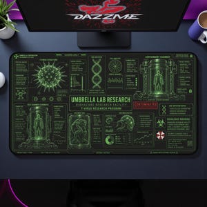 A large black gaming mousepad with a glowing green sci-fi biohazard laboratory interface design, featuring virus research graphics, DNA diagrams, containment chambers, specimen analysis panels, and futuristic cyberpunk HUD details on a gaming desk setup. Inspired from Resident Evil, T-Virus, Umbrella Lab