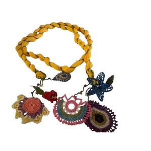 Handmade Yellow Thread Necklace with Beads and Embroidered Motifs