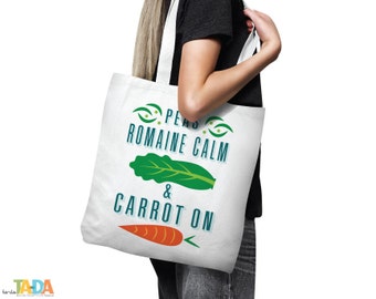 Canvas Tote Bag Funny Peas Romaine Calm & Carrot On Vegetable Pun Market Tote Veggie Shopping Bag Humor Quote Gift for Her Present for Mom