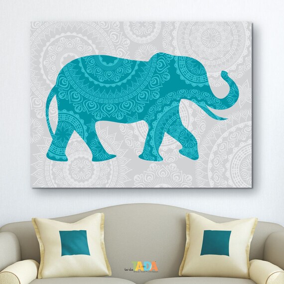 Mandala Elephant Canvas Wall Art Turquoise And Gray Bohemian Etsy