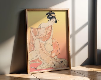 Lámina artística de gato japonés / Collage pop ukiyo-e moderno / Arte mural de animales juguetones / "Kimono Kitty Cuddle"