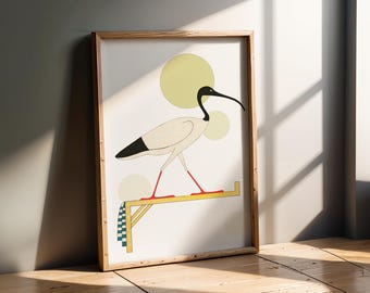 May include: A framed art print featuring a stylized illustration of a white bird with a black head and beak, standing on a yellow perch. The bird has red legs and is set against a white background with yellow circles.