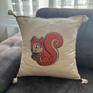 Punch Needle Squirrel Pillow Cover: Handmade Linen Throw Pillow Case