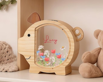 Personalized Wildflower Wooden Piggy Bank for Girls, Name Money Box with Clear Front, Baby Shower Gift, Nursery Decor,  Birthday Gift