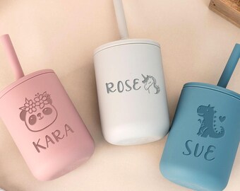 Baby Tumbler, Personalized Silicone Training Cup for Toddlers, Baby Shower Gift, Engraved Name Sippy Cup with Straw Handle, Easter Present