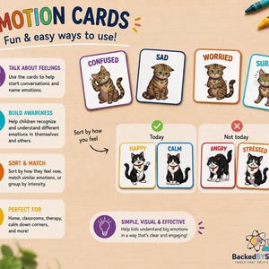 Può includere: Un set di carte delle emozioni con gatti illustrati che rappresentano vari sentimenti. Le carte includono etichette come Confused, Sad, Worried, Surprised, Happy, Calm, Angry e Stressed. Il layout include testo informativo e icone per l'uso.