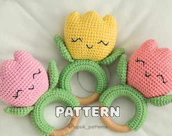 Hochet tulipe au crochet, jouet fleur amigurumi, cadeau de baby shower (PDF)