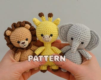 Patron au crochet : girafe, lion, éléphant amigurumi (PDF)