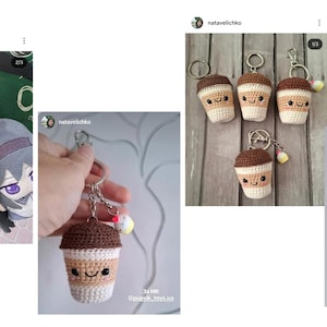 May include: Crocheted keychains featuring coffee cups and burgers. The coffee cup keychains have a brown top, tan middle, and white bottom, with a smiling face. The burger keychains have a bun, patty, and lettuce design. Each keychain has a silver ring.