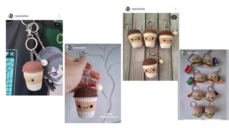 May include: Crocheted keychains featuring coffee cups and burgers. The coffee cup keychains have a brown top, tan middle, and white bottom, with a smiling face. The burger keychains have a bun, patty, and lettuce design. Each keychain has a silver ring.