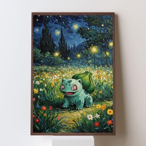 星空のかわいいモンスター、ゴッホ風アートプリント、課題向け壁飾り、ポップカルチャーマッシュアップ、デジタルダウンロード、インパスト画のテクスチャ