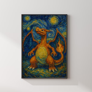 ゴッホ風の火のドラゴン、星空の夜のアニメ風アート、印刷可能なゲーマールームの装飾、オレンジ色のモンスターポスター