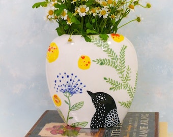 Handmade ceramic art vase, unique modern studio crafted pottery, vase for flowers and colorful home decor by NC artist, Cathy Kiffney