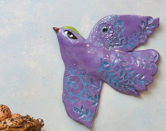 Wall Bird Sculpture, handmade ceramic wall hanging bird, ceramic art, pottery bird for home decor, nursery, gift for friend, colorful art