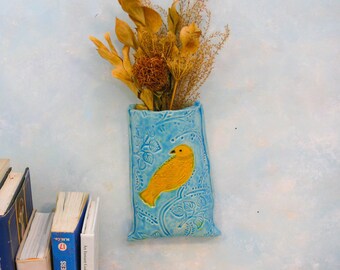 Ceramic Wall Pocket Vase, handmade wall vase for dried or fresh flowers, bird wall decor, ceramic wall art, unique wall hanging bird vase