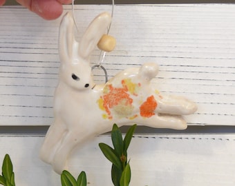 Rabbit Ornament with hanging wire. Ceramics Rabbit Ornament, hanging bunny Tree Decoration, whimsical handmade rabbit decoration, Hare art