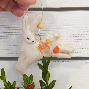 Rabbit Ornament with hanging wire. Ceramics Rabbit Ornament, hanging bunny Tree Decoration, whimsical handmade rabbit decoration, Hare art image 1