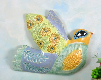 Ceramic Wall Bird, Ceramic Wall Art Sculpture, Ceramic Bird, Hand Made Ceramics, whimsical, colorful ceramic pottery bird by Cathy Kiffney