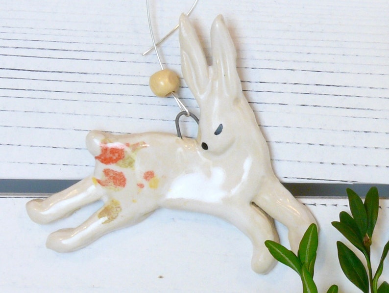 Rabbit Ornament with hanging wire. Ceramics Rabbit Ornament, hanging bunny Tree Decoration, whimsical handmade rabbit decoration, Hare art image 4