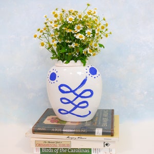 Ceramic Flower Vase, handmade blue and white pottery vase, snake spirit animal art, pot for flowers, centerpiece, minimal decor image 9