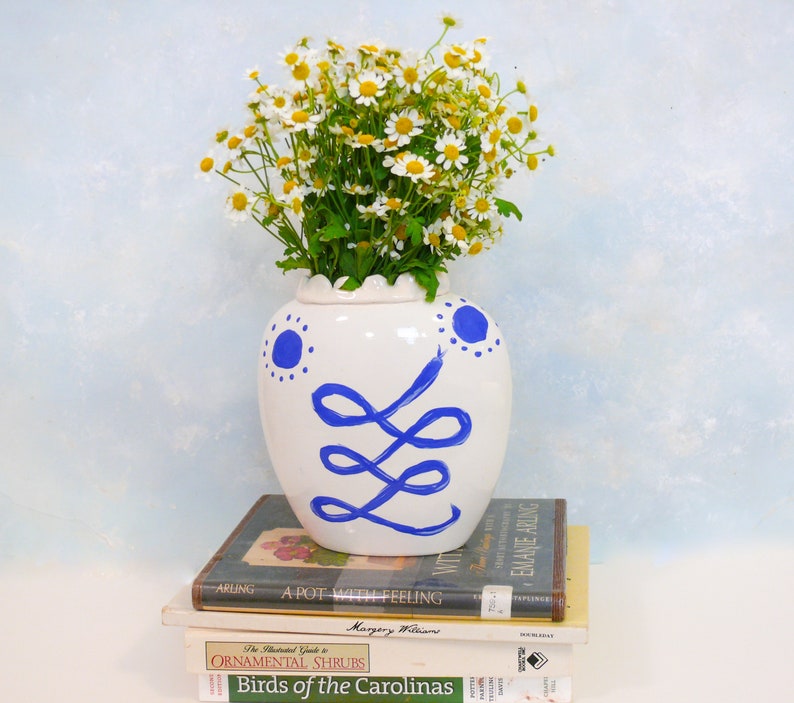 Ceramic Flower Vase, handmade blue and white pottery vase, snake spirit animal art, pot for flowers, centerpiece, minimal decor image 9