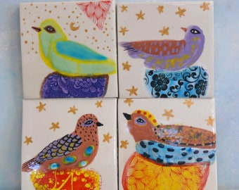 Ceramic bird tiles, handmade clay tile art, birds in nests with stars, tile wall art, small bird art, colorful Gift for mother, baby shower