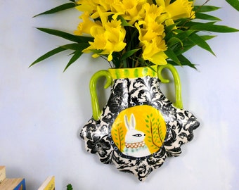 Ceramic Wall Hanging Vase, Rabbit and flowers, Artful Ceramic Wall Vase, by Cathy Kiffney
