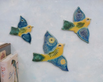 Family of three Ceramic Wall Hanging Birds, clay blue bird wall  sculpture, handmade ceramic bird art  by Cathy Kiffney