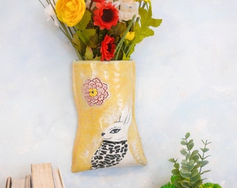 Rabbit art ceramic wall pocket vase, ceramic hanging vase,  handmade whimsical rabbit wall hanging vase for flowers, gift gardener, mom,wife