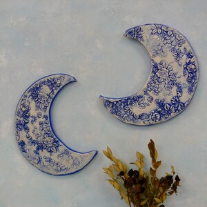 Crescent Moon Ceramic Wall Art, ceramic moon ornament. Rose textured clay decorative ceramic moon, Boho Wall Hangings, Ceramic Tile art. image 1