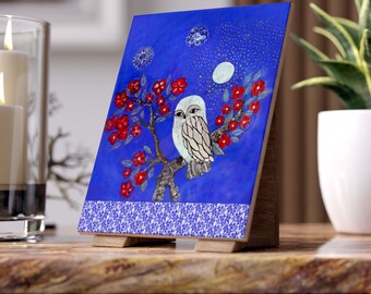 Owl and Silver Moon, ceramic tile, dreamy owl art printed on clay tile.