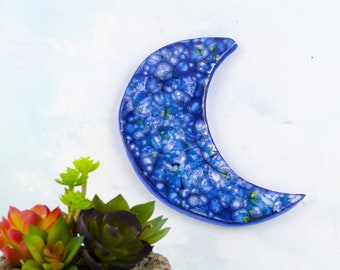 Ceramic moon wall hanging with blue crystal glaze, porcelain clay, boho and mystical home decor and wall art, crescent moon cycle
