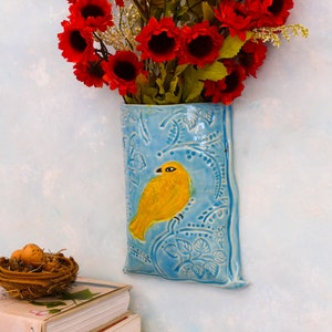 Ceramic Wall Hanging Pocket Vase, Unique wall decor, bird vase, handmade porcelain ceramic vases, pottery vase for flowers by Cathy Kiffney image 3