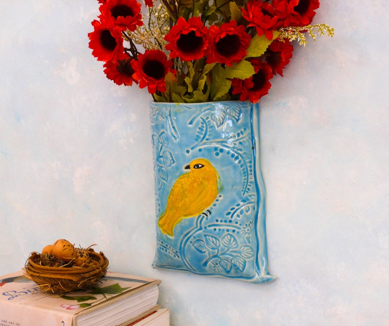 Ceramic Wall Hanging Pocket Vase, Unique wall decor, bird vase, handmade porcelain ceramic vases, pottery vase for flowers by Cathy Kiffney image 3