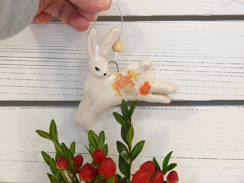 Rabbit Ornament with hanging wire. Ceramics Rabbit Ornament, hanging bunny Tree Decoration, whimsical handmade rabbit decoration, Hare art image 1