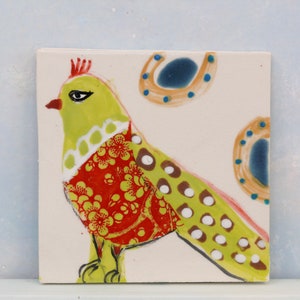 Ceramic bird tiles, handmade clay tile art, birds and eggs painted tile, wall art, small bird art, colorful Gift for mother, baby shower Design 4.