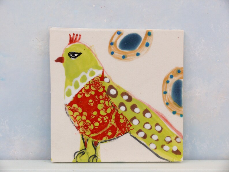 Ceramic bird tiles, handmade clay tile art, birds and eggs painted tile, wall art, small bird art, colorful Gift for mother, baby shower Design 4.