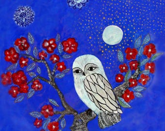 Ceramic owl art tile 6X6 inches.  White owl in cherry blossom tree.  Table top or wall hanging clay tile. Whimsical bird art.