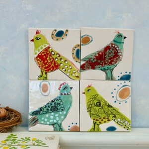 Ceramic bird tiles, handmade clay tile art, birds and eggs painted tile, wall art, small bird art, colorful Gift for mother, baby shower image 1