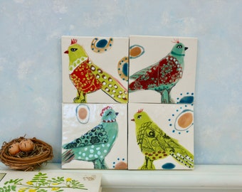 Ceramic bird tiles, handmade clay tile art, birds and eggs painted tile, wall art, small bird art, colorful Gift for mother, baby shower