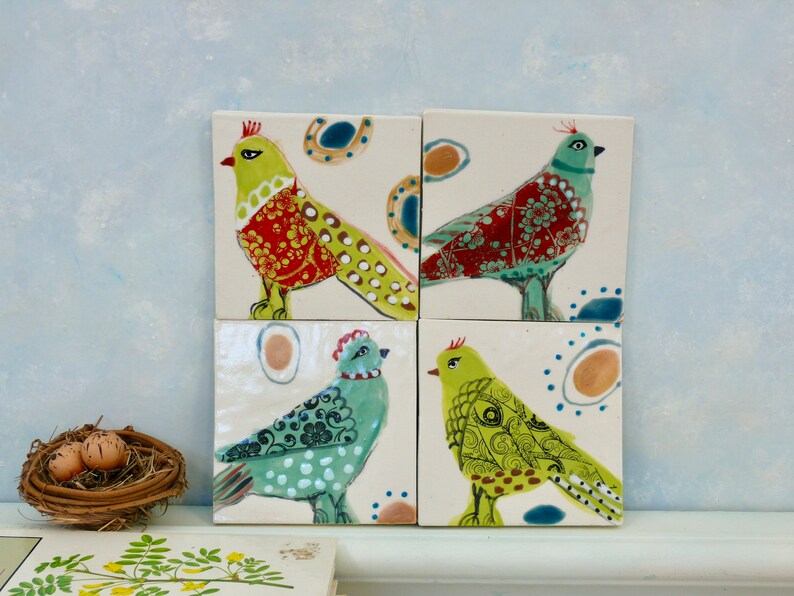 Ceramic bird tiles, handmade clay tile art, birds and eggs painted tile, wall art, small bird art, colorful Gift for mother, baby shower image 1